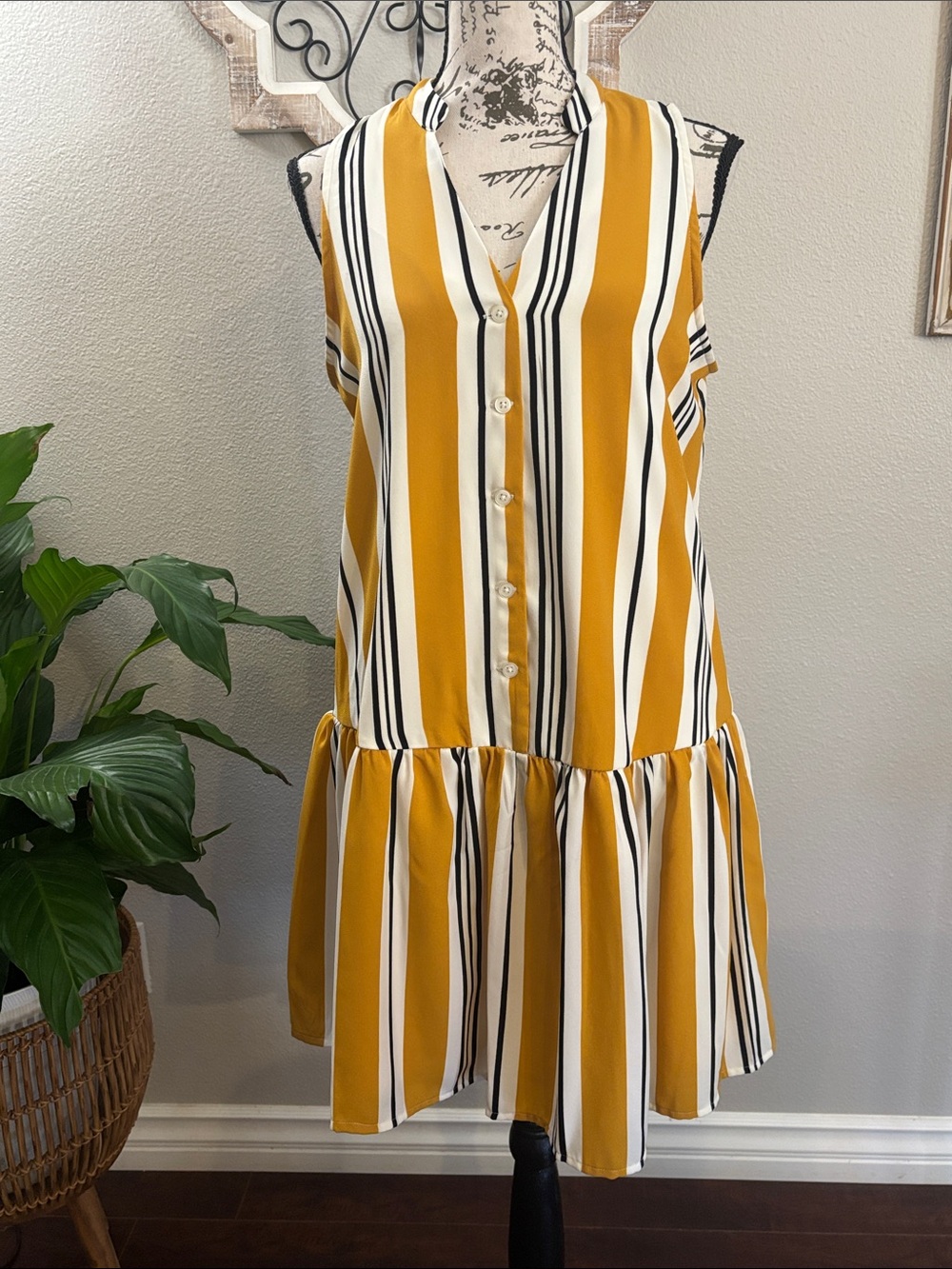 Nine West Striped Sleeveless Button-Front Dress in Mustard